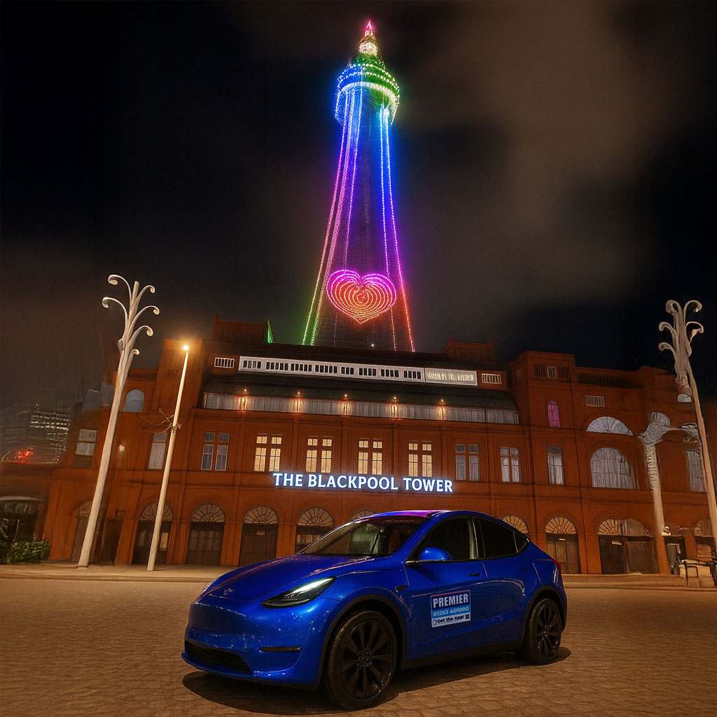 Blackpool taxi outside Blackpool Tower at night
